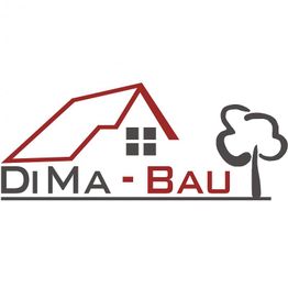 Logo mit Hausdach, DiMa-Bau Schriftzug und stilisiertem Baum in Rot und Grau.