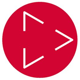 Roter Kreis mit zwei weißen Dreiecken, die einen Pfeil nach rechts bilden.