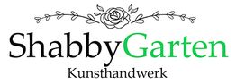 Logo mit Schriftzug "ShabbyGarten Kunsthandwerk", Rosengrafik und Blätterzweigen.