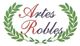 Texto "Artes Robles" en letras elegantes rodeado por una corona de laurel verde.