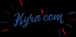 Texte "Kyra.com" en bleu avec des éclats rouges sur fond noir.