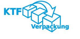 Logo mit blauen Würfeln und Pfeil. Text: "KTF Verpackung".