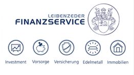 Grafik von "Leibenzeder Finanzservice" mit Icons: Investment, Vorsorge, Versicherung, Edelmetall, Immobilien.