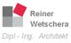 Logo mit grauen und rotem Quadrat, Text: "Reiner Wetschera, Dipl.-Ing. Architekt".