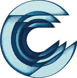 Stijlvol blauw logo met cirkelvormige, golvende patronen die elkaar overlappen.