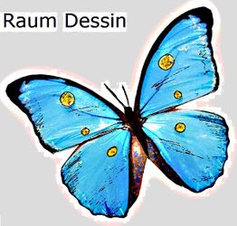 Blauer Schmetterling mit gelben Punkten, daneben der Text "Raum Dessin".