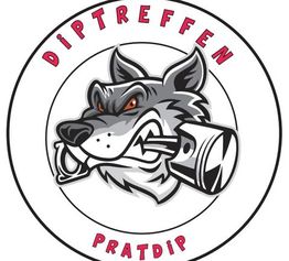Logo con un lobo gris mordiendo un pistón; texto "Diptreffen Pratdip".