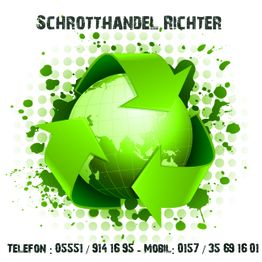 Grüner Globus mit Recycling-Symbol, Text: Schrotthandel Richter, Telefonnummern darunter.