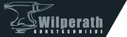 Logo der Wilperath Kunstschmiede mit Ambossgrafik auf dunklem Hintergrund.