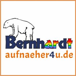 Logo mit stilisiertem Eisbär, Text "Bernhardt" in Regenbogenfarben, "aufnaeher4u.de" darunter.