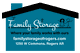 Logo of Family Storage with website and address, shaped like a house with stick figure family.