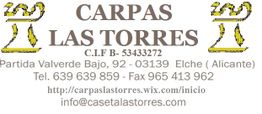 Imagen: Logotipo de Carpas Las Torres con dirección, teléfono, fax y correo electrónico en Elche.
