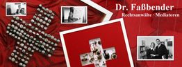 Collage mit Anwälten, Büro und Waage der Gerechtigkeit, Text: "Dr. Faßbender Rechtsanwälte".