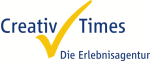 Logo mit Schriftzug "Creativ Times" und gelbem Haken, darunter "Die Erlebnisagentur".