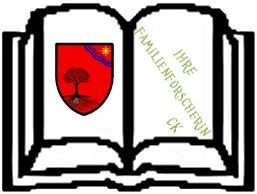 Geöffnete Buchgrafik mit Wappen und Text "IHRE FAMILIENFORSCHERIN CK" auf der rechten Seite.
