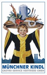Kind mit Tablett voller Essen, umgeben von Münchens Wahrzeichen. Text: "MÜNCHNER KINDL".