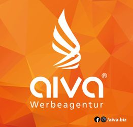 Orange Logo der AIVA Werbeagentur mit stilisiertem Flügel und Social Media Icons.