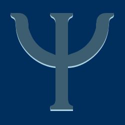 Lettre grecque Psi en gris sur fond bleu.