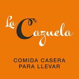 Logo de "La Cazuela" en fondo naranja con texto "Comida casera para llevar".