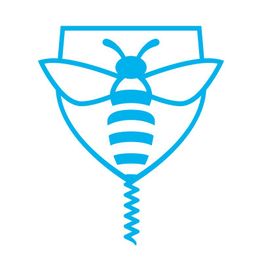 Stilisiertes blaues Wespensymbol mit Flügeln und Schraubenkranz unten auf weißem Hintergrund.