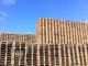 Holzpaletten gestapelt bis zum Himmel vor blauem Himmel.