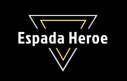 Texto "Espada Heroe" en negro dentro de triángulo con bordes blancos y amarillos. Fondo negro.