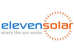 "Logo der Firma Eleven Solar mit Slogan 'where the sun works' und stilisierter Sonne."