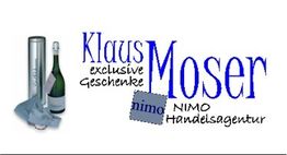 Sektflasche mit Verpackung, Text: "Klaus Moser, exklusive Geschenke, NIMO Handelsagentur".