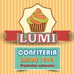 Dibujo de cupcake con texto: "LUMI Confitería, desde 1974, productos naturales".