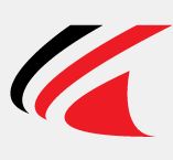 Abstract logo with red, black, and white curved shapes on a gray background.