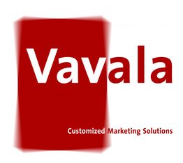 Logo mit rotem Hintergrund, Schriftzug "Vavala", darunter "Customized Marketing Solutions".