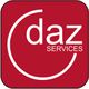 Rotes Quadratlogo mit weißem Text "daz SERVICES" und kreisförmigem Bogenelement.
