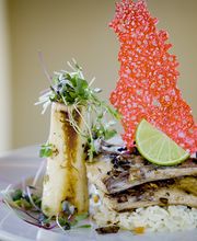 Plato gourmet con pescado, arroz, limón y decoración roja crujiente. Colorido y elegante.