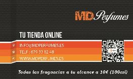 Tarjeta MD Perfumes: tienda online, contacto y QR. Fragancias desde 10€ (100ml).