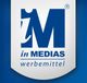 Logo mit blauem "M", darunter "in MEDIAS" und "werbemittel" auf weiß-blauem Hintergrund.