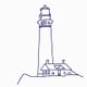 Zeichnung eines Leuchtturms mit Gebäude auf einem Hügel, einfache blaue Linien auf weißem Grund.