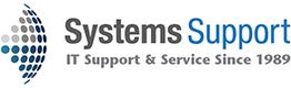 Logo of Systems Support with text "IT Support & Service Since 1989" and stylized dot design.