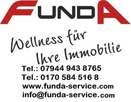 Funda Logo mit Slogan "Wellness für Ihre Immobilie" und Kontaktinformationen.