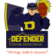 Cartoon hero holding a torch above "Defender Door and Window Company" logo.