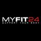 Logo mit Text "MYFIT24" in Weiß und Rot auf schwarzem Hintergrund.