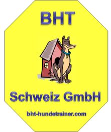 BHT-Logo mit Hund vor Hundehütte, Text "Schweiz GmbH" und Website "bht-hundetrainer.com".