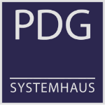 Blaues Logo mit weißem Text: "PDG" oben und "Systemhaus" unten, getrennt durch eine Linie.