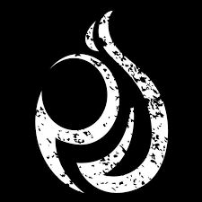 Stylized, white flame symbol with textured black background.