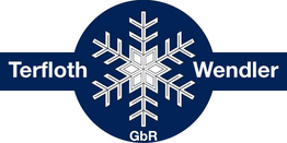 Blaues Logo mit weißer Schneeflocke, Text: Terfloth Wendler GbR.