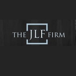 Logo of The JLF Firm with white text and a light blue square outline on a black background.
