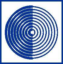 Blau-weiße konzentrische Halbkreise in einem Quadrat, symmetrisch angeordnet.