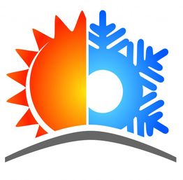 Soleil orange et flocon bleu opposés sur un fond blanc avec une ligne grise en dessous.