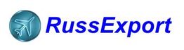 Logo mit Flugzeugsymbol und dem blauen Schriftzug "RussExport".