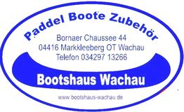 Bootshaus Wachau Logo mit Adresse und Telefonnummer für Paddel, Boote und Zubehör.