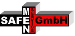 Logo mit den Wörtern "SAFE", "MEN", "SERVICE" und "GmbH" in Schwarz, Weiß und Rot.
